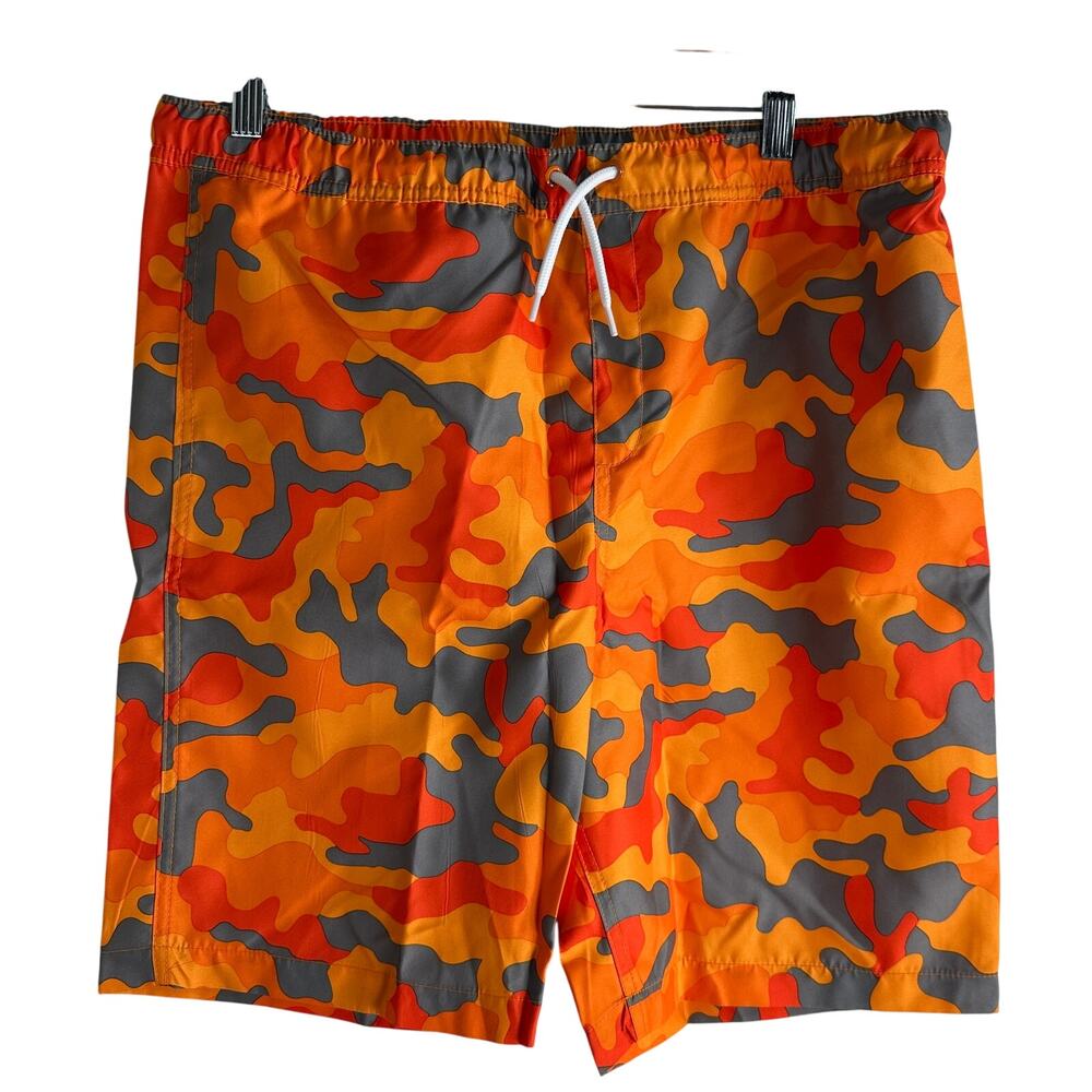 NWT Lands End Boys XXL Husky Bright Orange Camo Swim Trunks Board Shorts Beach